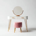 Wooden vanity table with mirror and upholstered stool in natural oak 100 x 50 x 75cm