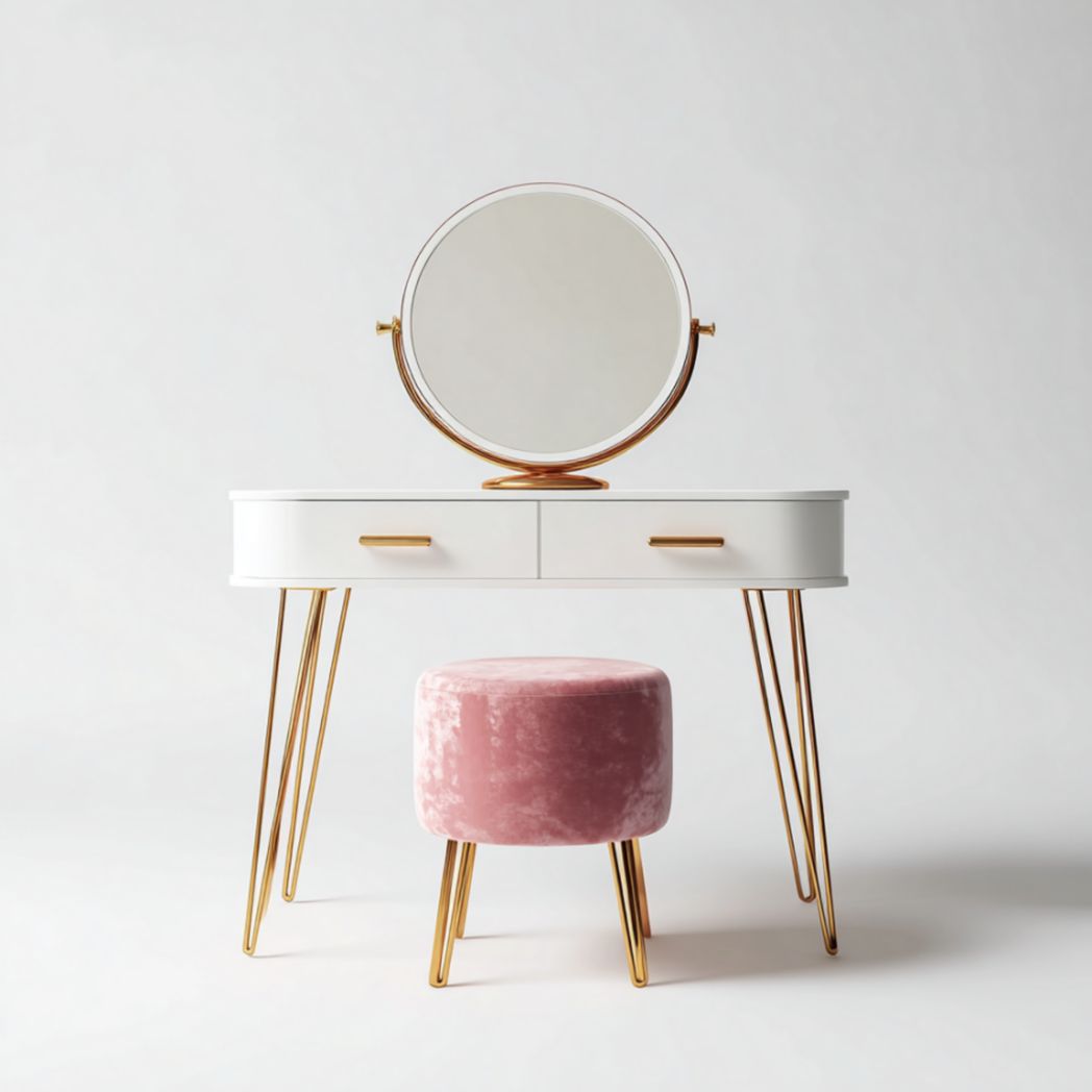 Wooden vanity table with mirror and upholstered stool in natural oak 100 x 50 x 75cm