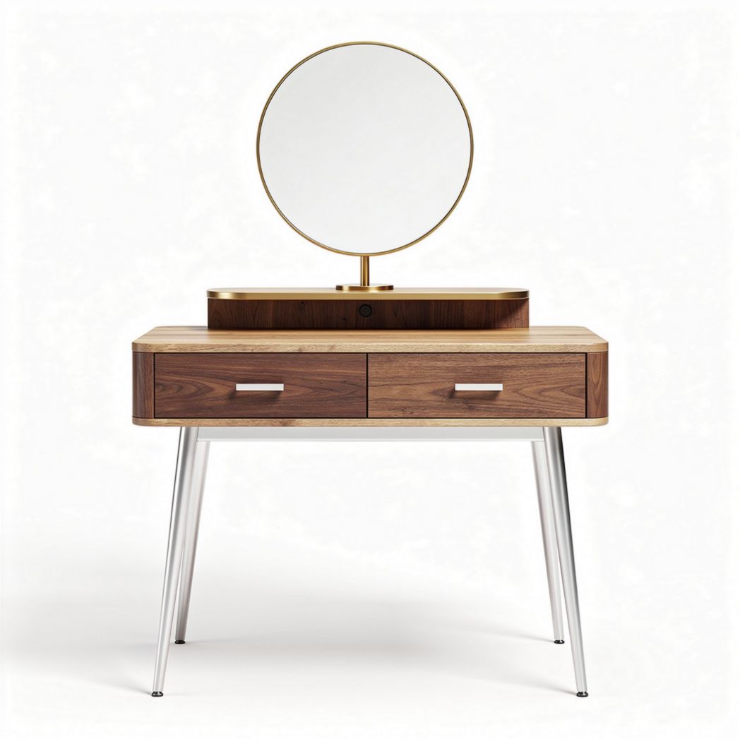 Wooden vanity table with round mirror and two drawers 75 x 45 x 80cm