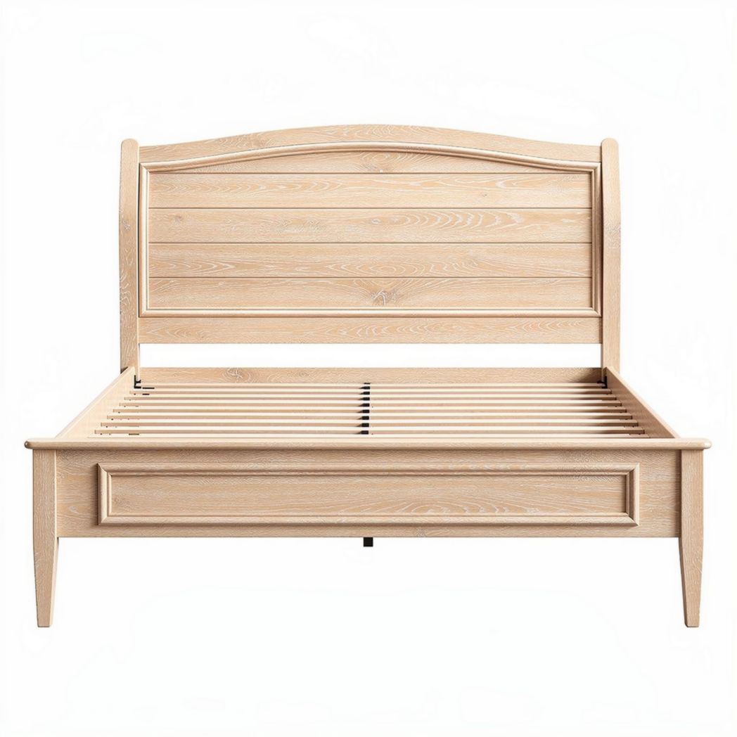 Wooden bed frame with slatted design and storage drawer in natural finish