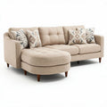 Beige fabric sectional sofa with accent pillows and chaise lounge 200 x 90 x 85cm
