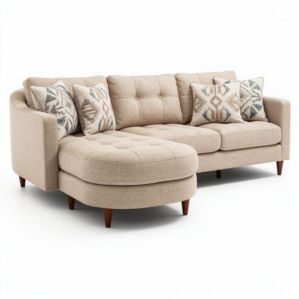 Beige fabric sectional sofa with accent pillows and chaise lounge 200 x 90 x 85cm