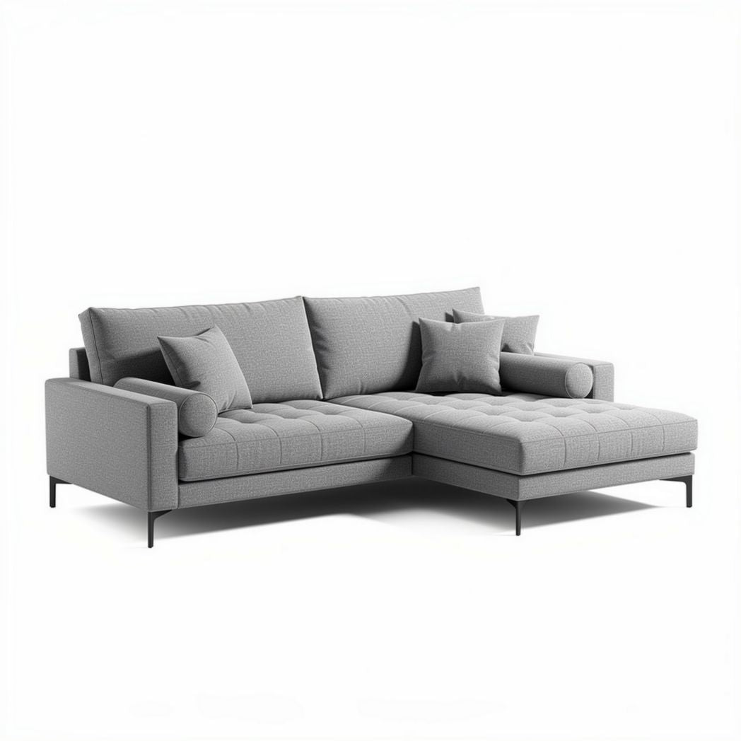 L-shaped sectional sofa in light gray fabric with accent pillows 220 x 90 x 85cm