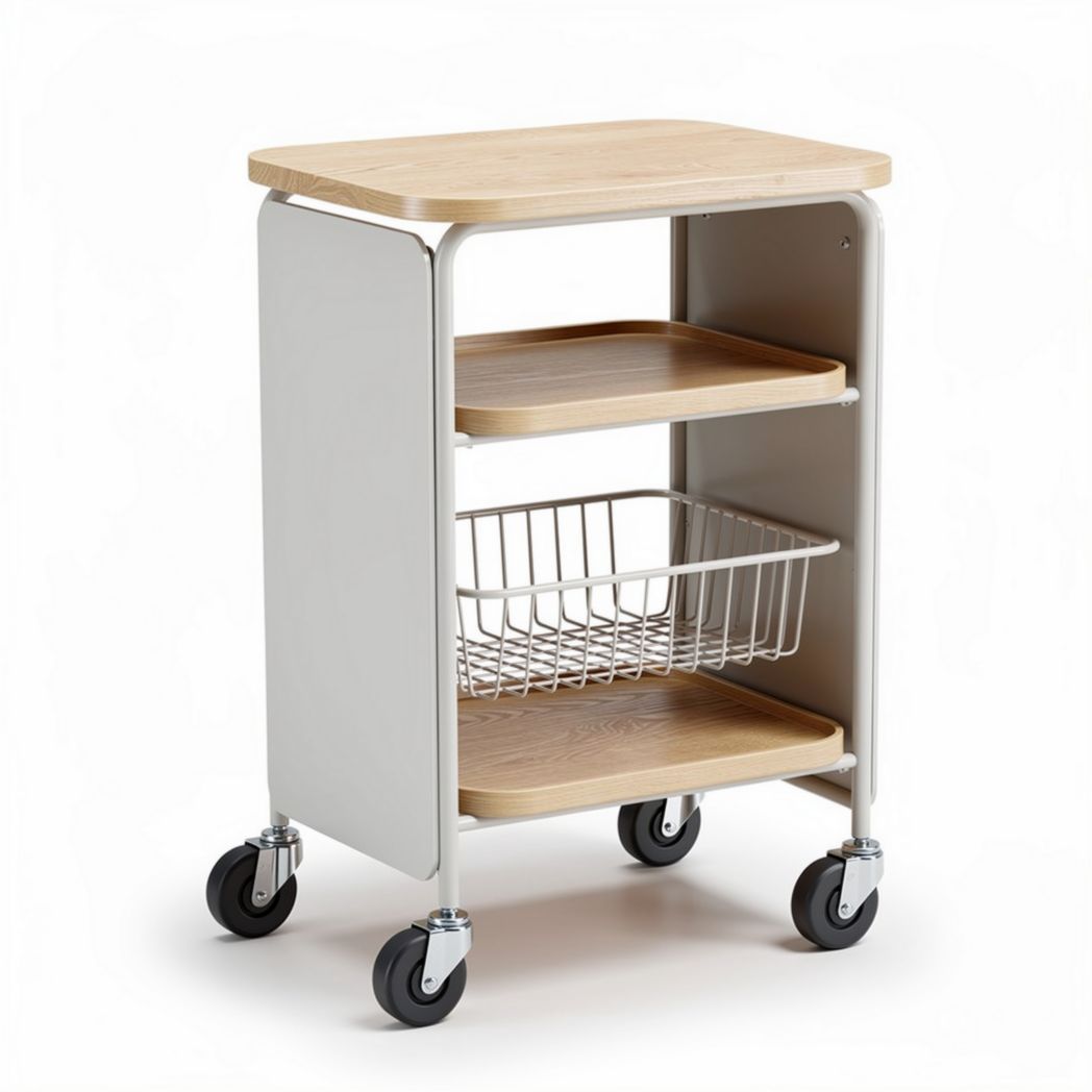 Rolling kitchen cart with wooden top three shelves and metal basket 40 x 30 x 80cm