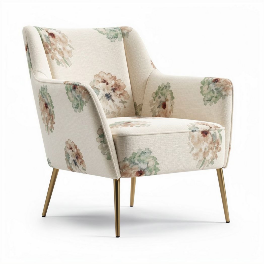 Floral patterned accent chair with gold legs for living room use 75 x 70 x 85cm