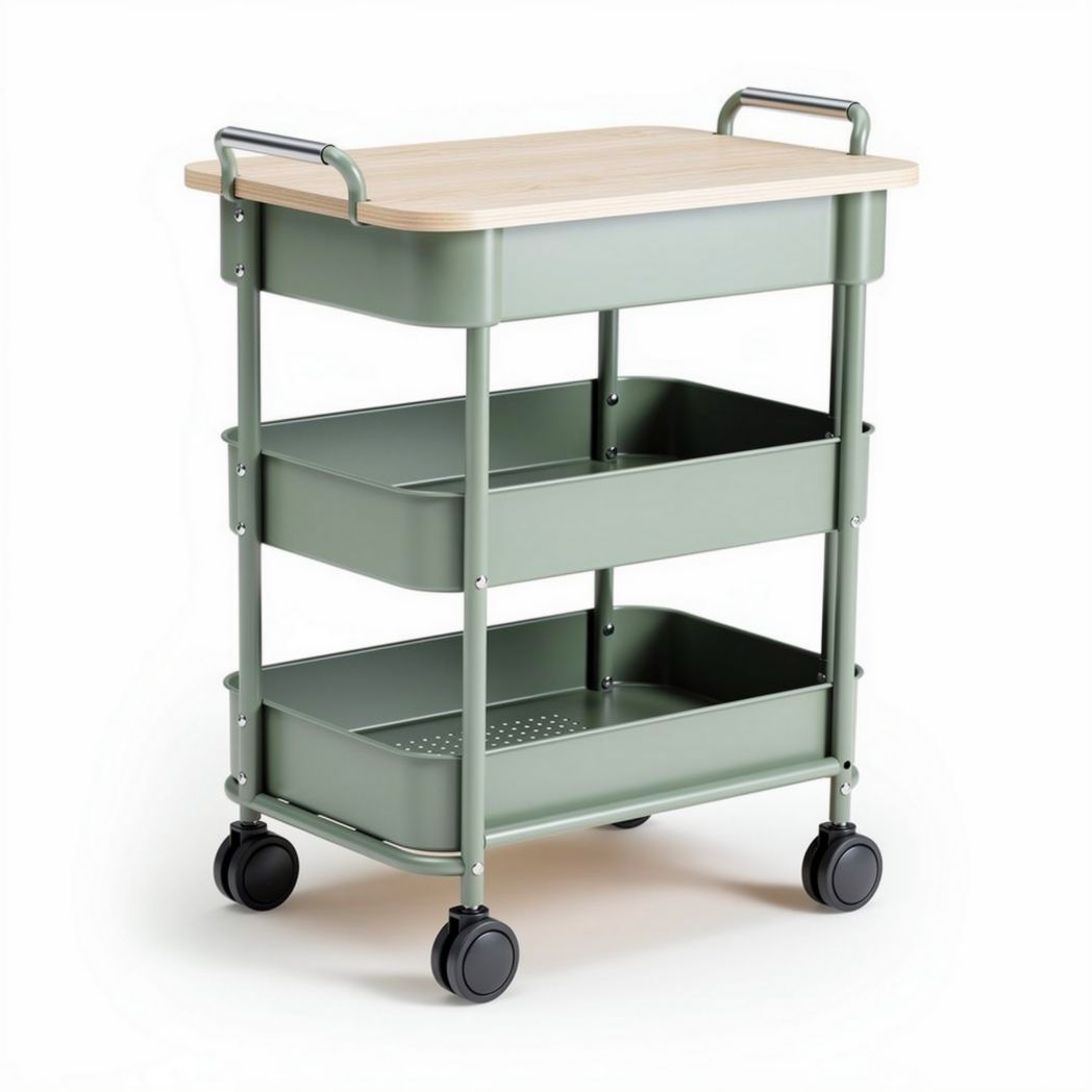 Rolling utility cart with bamboo top two storage baskets green 70 x 40 x 80cm