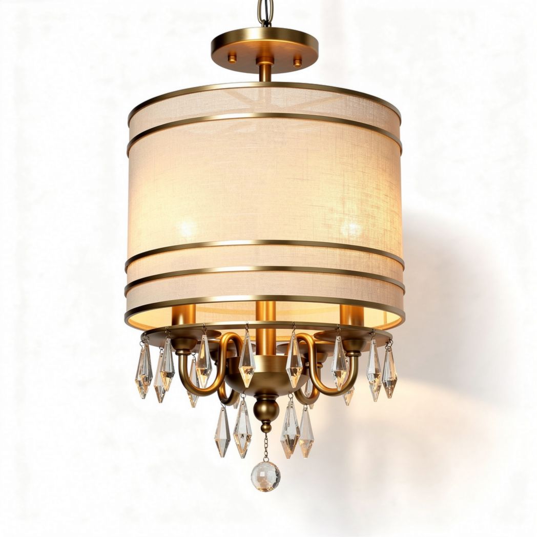 Gold and white fabric chandelier with crystal accents 35 x 35 x 50cm