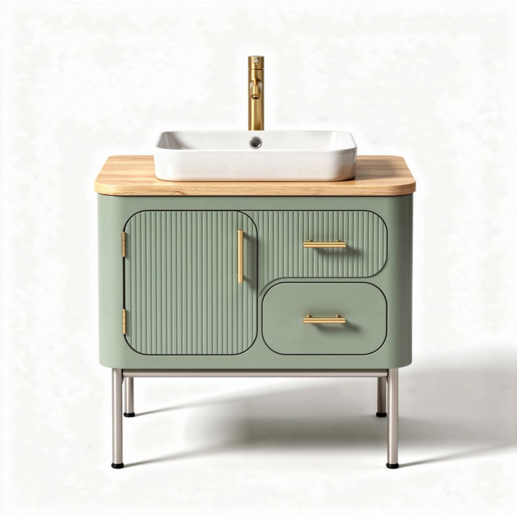 Bathroom vanity cabinet with ceramic sink and wooden top in green 80 x 45 x 80cm