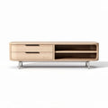 Modern oak wood media console with open shelving and two drawers 120 x 40 x 45cm