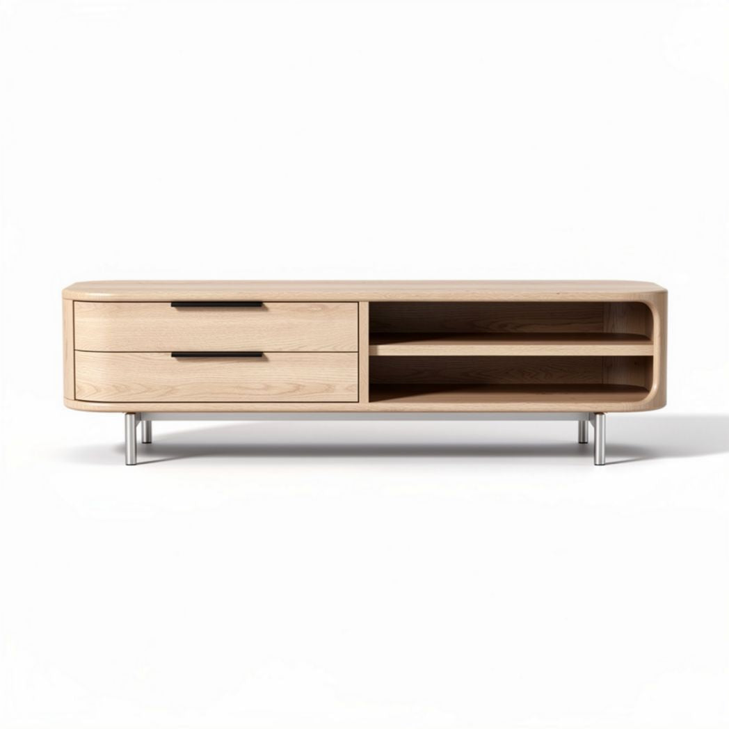 Modern oak wood media console with open shelving and two drawers 120 x 40 x 45cm