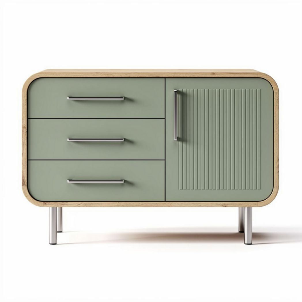 Mid-century modern sideboard with three drawers and one cabinet in green and wood finish 80 x 40 x 75cm